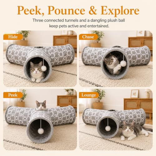Geometric 3 Way Cat Tunnel with Plush Inside,Cats Toys Collapsible Tunnel Tube with Balls, for Rabbits, Kittens, Ferrets,Puppy and Dogs - size: 3 Way Tunnel
