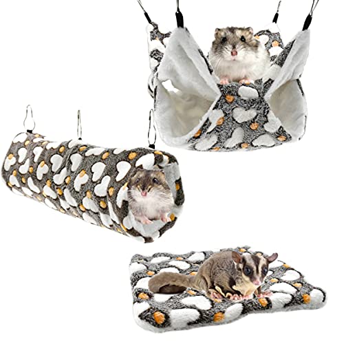 3Pcs Sugar Glider Hamster Hammock Hanging Tunnel and Warm Bed Soft Mat Set for Small Animals Hanging Hammock Cage Accessories Hideout Swing for Squirrel Ferret Rat Chincilla Guinea Pig
