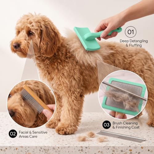 Wooden Long Pin Slicker Brush for Large Dog, Poodles & Doodles Long Hair | Grooming, Fluff & Detangle Heavy Dense Wavy Curly Coats to Easily Prevent Severe Hair Matting During Shedding Seasons - color: Green