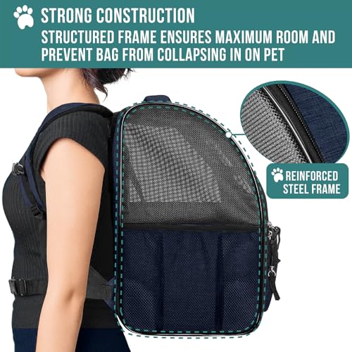 PetAmi Dog Backpack Carrier Airline Approved Cat Pet Puppy Bag, Navy | Ideal for Small Medium Large Pet up to 18 lb, 2 Side Entry Structured No-Collapse Frame, Ventilated Bookbag for Hiking Travel - color: Heather Navy