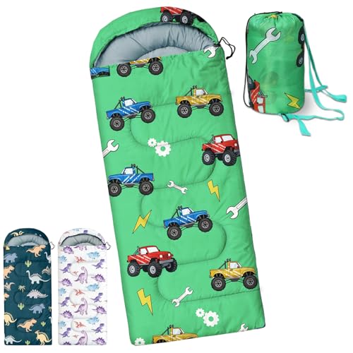 Kids Sleeping Bags - Camping Sleeping Bags with Carry Bag - Compact Sleeping Bag for Hiking, Backpacking 3 Season Warm & Cool Weather, Lightweight Waterproof Outdoor Travel for Boys Girls - color: Green Truck