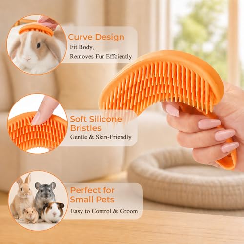 Large Silicone Grooming Brush for Rabbits, Cats & Small Dogs | Rabbit, Cat & Dog Fit | Soft Low-Stimulation Brush | Curved Pet Fit | Daily Bonding | Rinse-Clean Head - color: Orange, size: Large