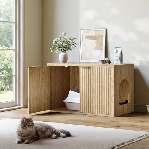 Evermagin 31.5" Cat Litter Box Enclosure Furniture | Oak Hidden Litter Box Cabinet, Modern Indoor Cat House, Fluted Kitty End Table for Living Room, Bedroom, Entryway - color: Oak
