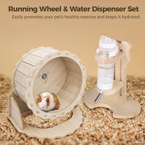2 PCS Wooden Silent Hamster Wheel and Hamster Water Bottle Set, 8.6" Guinea Pig Wheel with Adjustable Water Dispenser Stand for Gerbil, Syrian & Dwarf, Chinchilla and More Small Animal