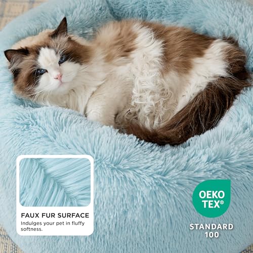 Bedsure Calming Cat Beds Donut Round Washable Kitten Bed,20 inches | Fluffy Faux Fur Cuddler,Anti-Slip Bottom,Anti-Anxiety,Deep Sleeping for Cats&Small Pets Up to 15 Lbs,Aqua Blue - color: Aqua Blue, size: 20"L x 20"W x 6"Th