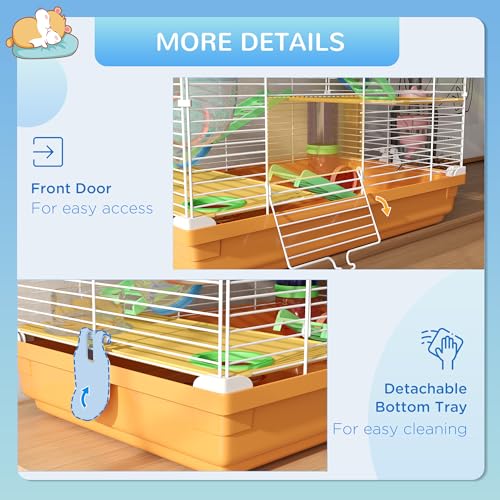 PawHut 18" 5 Tier Hamster Cage with Tubes and Tunnels, Small Animal Cage with Portable Carry Handle, Gerbil Cage with Water Bottle, Food Dish, Exercise Wheel, Orange | Small Animal Cage, Portable Carry Handle, Water Bottle, Food Dish, Exercise Wheel - col