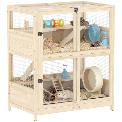 PawHut Wooden Hamster Cage for Syrian Mice Gerbil 33" x 21" x 36" | 4 Tier Small Animal Cage, Mesh Flip Roof, Pull-Out Tray, Huts, Seesaws, Ramps, Water Bottles, Hamster Habitat, for Dwarf
