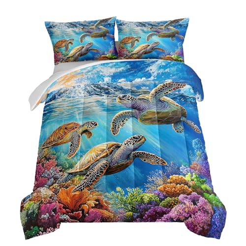 HOSIMA Sea Turtle Full Comforter Set for Boys Room Decor,At Bottom of Ocean Sea Turtles Surrounded by Corals,Blue Coastal Bedding for Teens Girls,Fluffy Ocean Themed Bedding with 2 Pillowcases. - color: Blue, size: Full
