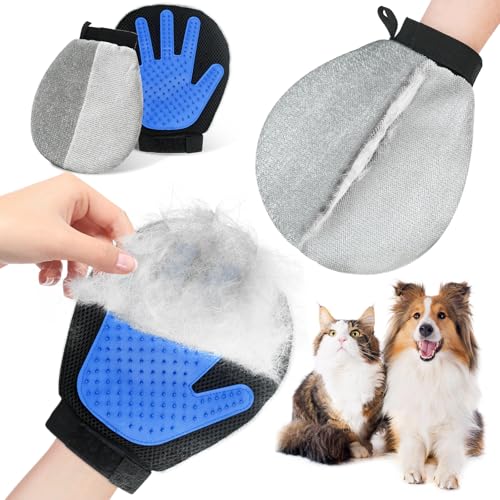 Pet Hair Removal Glove for Dogs & Cats, 2-in-1 Dual-Sided Electrostatic Pet Hair Remover with Silicone Grooming Brush, Reusable for Furniture, Clothes, Couch, Carpet & Car Seat - color: Silver Blue