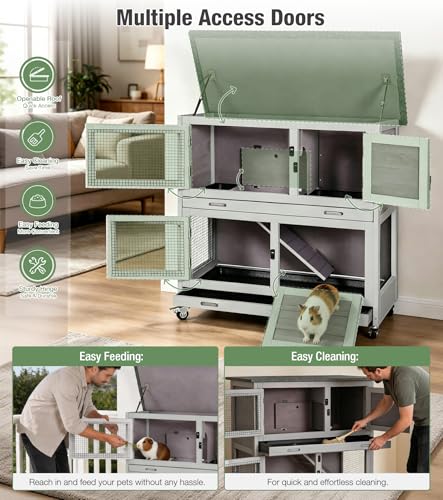 Two-Tier Guinea Pig Cages Rabbit Hutch with Anti-Chew Ramp | bunny cage with dual deep trays, weatherproof roof, lockable catsters, multiple access doors - color: 36“L Grey