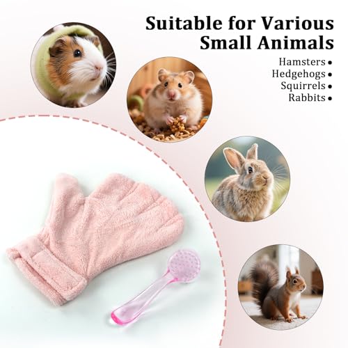 Hamster Bite Proof Glove and Grooming Brush Set, Adjustable Hamster Glove, Lid Soft Cleansing Brush Massage Combs, Guinea Pig Brush, Hamster Care Set for Hamsters, Ferrets, Hedgehogs (Pink) - color: Pink