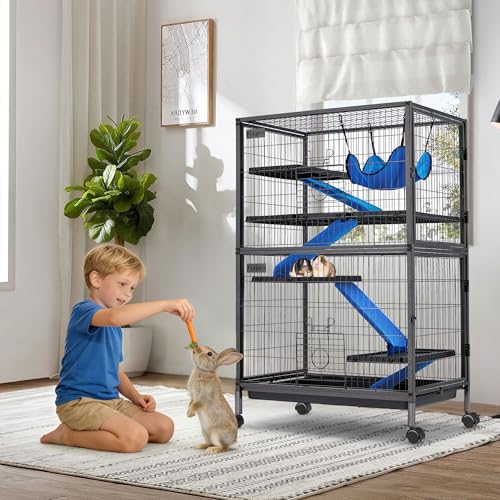 Fragess Small Animal Cage, 50" H Large Metal Rolling 5-Tiers Guinea Pig Cage, Ferret Cage, Rabbit Cage, Chinchilla Cage for Rats/Hamsters, 0.5" Bar Spacing with Removable Ramp & Platform (Large)