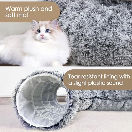 Cat Tunnel Bed for Indoor Cats, Peekaboo Cat Cave with Washable Soft Play Mat, Furry Cat Tube, for Kitten/Puppy/Rabbit, Black - color: black