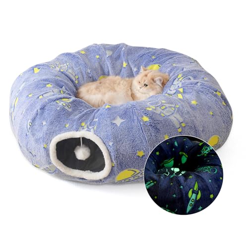 Under Christmas Tree Large Cat Tunnels Bed Tube for Indoor Cats Glows in The Dark Cat Tunnel with Cushion and Plush Ball Toy Toys for Dog Puppy Kitten Rabbit Bunnies Ferret Pet Blue - color: Blue Bed