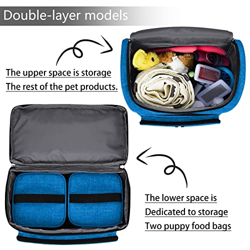 BAGLHER Pet Travel Bag, Double-Layer Pet Supplies Backpack (for All Pet Travel Supplies), Pet Travel Backpack with 2 Silicone Collapsible Bowls and 2 Food Baskets Blue - color: Blue
