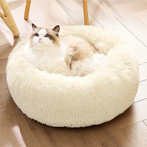 Bedsure Calming Cat Beds Donut Round Washable Kitten Bed,20 inches Cream | Fluffy Faux Fur Cuddler,Machine Washable,Anti-Slip Bottom,Anti-Anxiety,Deep Sleeping for Cats&Small Pets Up to 15 Lbs - color: Ivory Beige, size: 20"L x 20"W x 6"Th