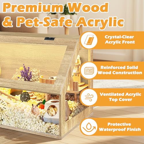 PROLEE Hamster Cage Large Chewproof, 40" x 20" x 20" Sloped Mice and Rat Habitat with Clear View, Solid Built with Lockable Design and Openable Top (White Oak) - color: White Oak