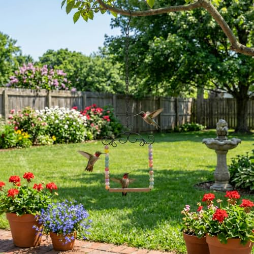 Hummingbird Swing & Perch for Outdoor – Rust-Resistant Metal Bird Perch with Colorful Beads, Easy Hanging Garden Accent Near Feeder, Bird Bath & Hummingbird House (1 PCS) - color: 1 PCS