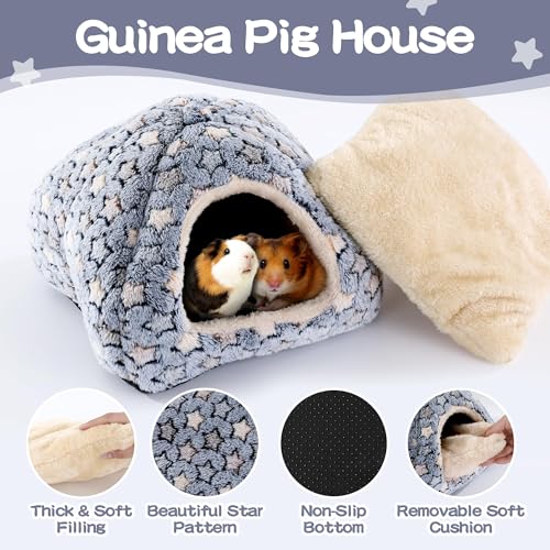 3 Pack Guinea Pig House Accessories, Washable 2 Guinea Pig House and Hideout Tunnel with Curtains, Chinchilla Hideout for Hamster, Rabbit, Bunny, Chinchillas (Blue-Star) - color: Blue-Star