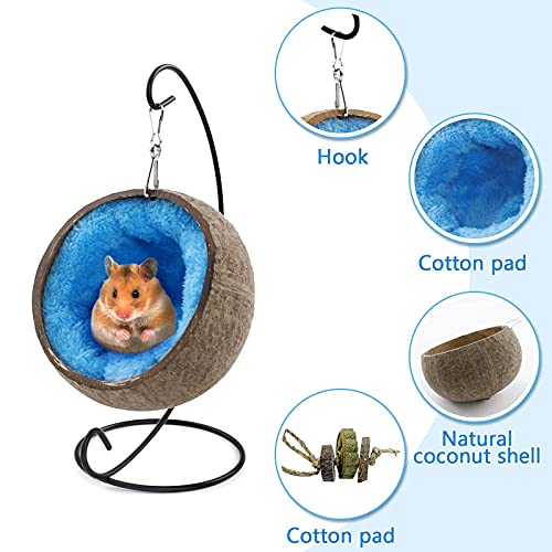 Ranslen Natural Coconut Hamster Hideout Hammock with Molar Toy Suspension Coconut Husk Hamster Bed House with Warm Pad Small Animal Guinea Pigs Habitat Decor Accessories Hanging Loop (Brown)