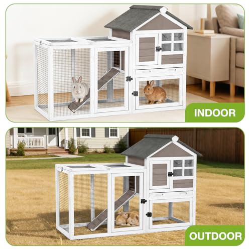 Outdoor Rabbit Hutch with Run, 2-Tier Fir Wood Bunny Cage, Waterproof Roof, Pull-Out Tray, Secure Latches, 51.6 x 20.8 x 36.2 in, Brown - color: Brown, size: 51.6"L x 20.8"W x 36.2"H