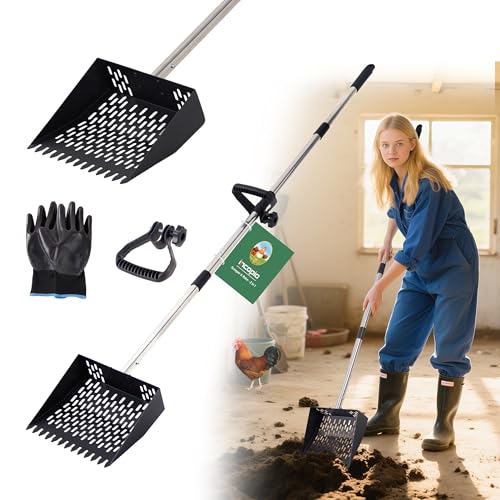 2-in-1 Chicken Poop Scooper & Rake - 10” Metal Chicken Poop Sifter Shovel with Fine Mesh, Pooper Scooper for Sand - Adjustable 39–67” Stainless Steel Handle, Animal Waste & Coop Cleaning Tool