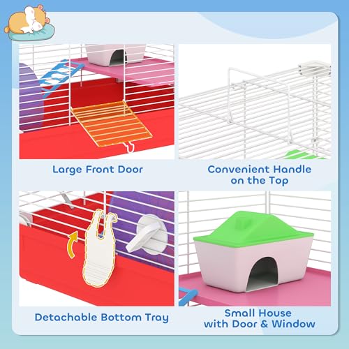 PawHut 18.5" Hamster Cage Exercise Wheel Water Bottle 2-Story Design Red | Dish, Rat House, Habitat