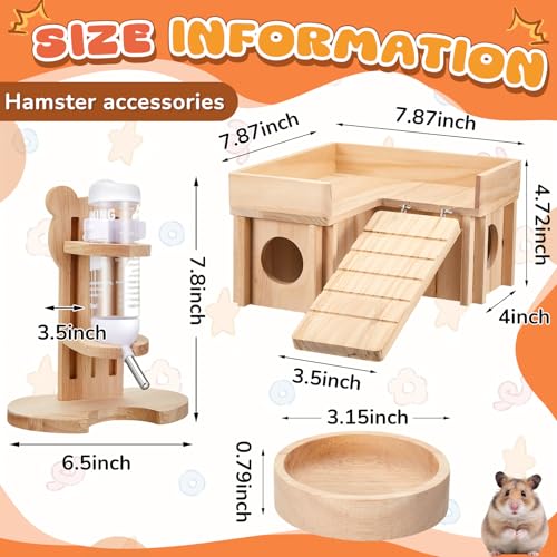 Hamster Cage Accessories, 4 Pcs Wooden Dwarf Hamster Hideout House with Ladder Platform, Feeding Bowl, Water Bottle with Holder Stand for Gerbil Rat Mice Small Animal Habitat Decor