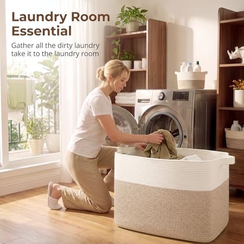 OIASKET 108L Cotton Rope Storage Basket for Living Room and Bedroom 25"x16"x16" Woven Laundry Basket, Heavy Duty Bin for Blankets, Pillows & Toys, Pet-Safe & Scratch-Free, Brown and White - color: Brown & White