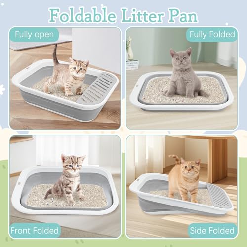 Fhiny Kitten Litter Box Portable Shallow Litter Box 17.7"x13.4"x4.9" Foldable Cat Toilet with Scoop Open Kitty Potty Pan with Litter Drop Pedal Easy to Clean Travel Kitten Toilet(Gray) - color: Grey-M