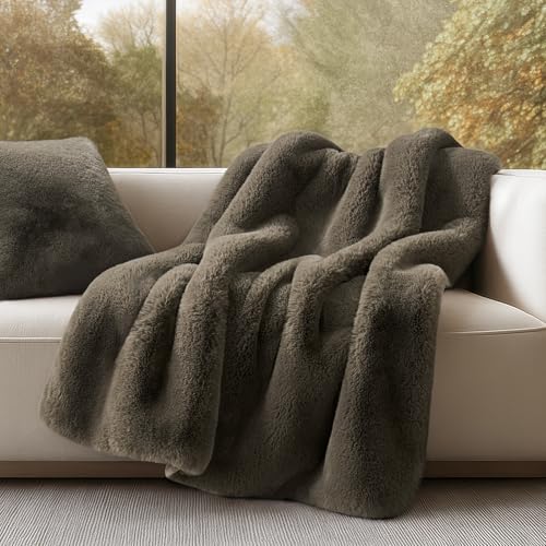 EVERGRACEHOME Faux Chinchilla Fur Throw Blanket, 50"x60", Smoky Sable | Luxury, Super Soft, 1220GSM, Fluffy Cozy Mink, Reversible Velvet Back, Warm Thick Heavy Winter Throw for Couch Bed, Gift - color: Smoky Sable, size: 50"x60"