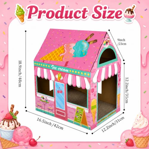 Cinrobiye Cardboard Cat House with Scratcher, Indoor Cat Condo Cat Cave Hideout with Scratch Pad, Cardboard Cat Playhouse Bed for Cats, Kittens, Rabbits & Small Pets (Ice Cream) - color: Ice cream