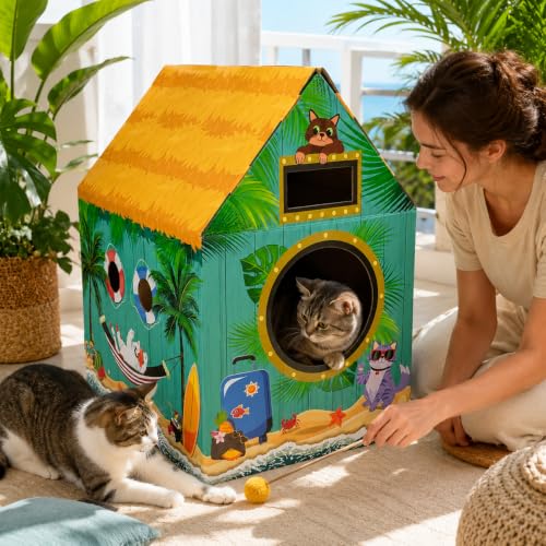 Cinrobiye Cardboard Cat House with Scratcher, Indoor Cat Condo Cat Cave Hideout with Scratch Pad, Cardboard Cat Playhouse Bed for Cats, Kittens, Rabbits & Small Pets (Beach) - color: Beach