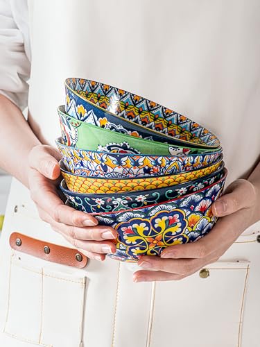 HENXFEN LEAD Boho Ceramic Cereal & Soup Bowls Set of 6, 24 oz | Assorted Patterns, Ideal for Oatmeal, Pasta, Salad, Rice, Fruit & Everyday Meals, Microwave & Dishwasher Safe - size: 24 Oz