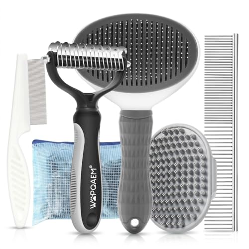 5-in-1 Dog Grooming Kit with Self Cleaning Brush & Rake, Grey | Complete Cat & Dog Hair Remover Tool Set with Self-Cleaning Slicker Brush & Dematting Rake for Home Pet Grooming Supply - color: Gray