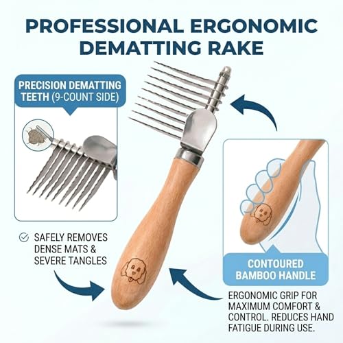 Dematting Rake for Dogs, Dog Comb, Grooming Tools for Dogs with Matted Hair | Best Undercoat Rake for Dogs, Goldendoodles, Doodles, Poodles, Curly Hair Breeds, Detangling & Dematting Comb for Dogs - size: Dematting Rake Small