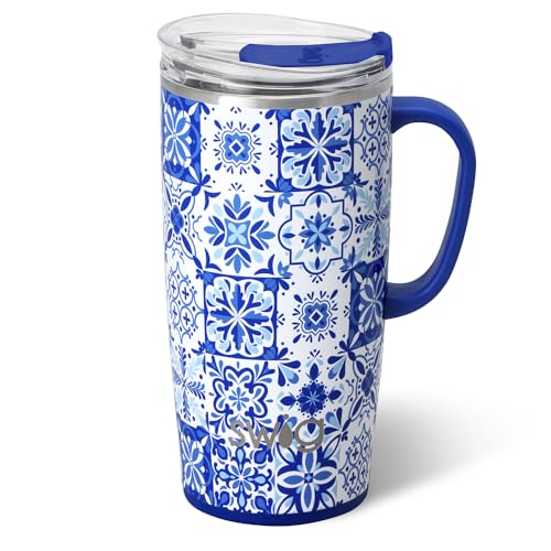 Swig Life 22oz Insulated Travel Mug with Handle & Lid, Indigo Tiles | Triple Insulated Stainless Steel - Handle & Lid Included - Keeps Coffee Hot or Cold - Cup Holder Friendly - color: Indigo Tiles, size: 22 Ounces