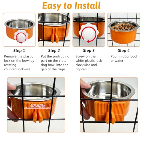 Hamiledyi Crate Dog Bowl Cat - Removable Stainless Steel Hanging No Spill Pet Bowl for Kennels Durable Detachable Design Fits Small Medium Dog Cages (2 Pcs, Orange - color: Orange