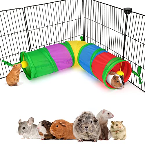 YUEPET Corner Guinea Pig Tunnel, Bunny Tunnel, Small Animal Tubes & Tunnels | Right-Angle Design, Cage Ties, Folds for Storage, Steel Frame Support, Hanging Play Balls, 5.8 in Entrance, Rainbow