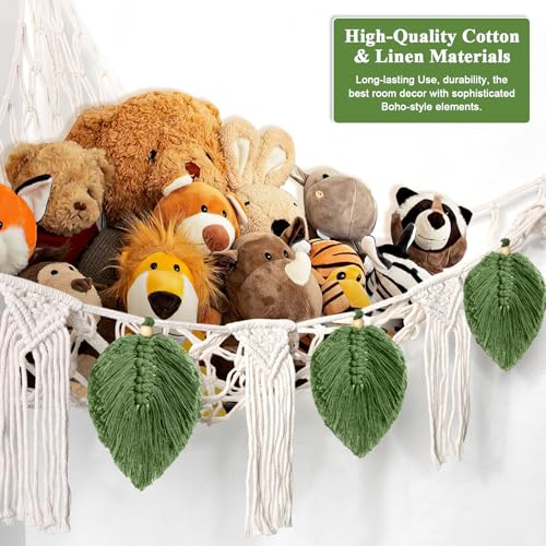 Dremisland Stuffed Animal Toy Net Hammock with Star Light Boho Leaf Macrame Tassel Corner Toy Organizer Bohemian Woven Decor Display Holder for Girls Room Nursery Kids Bedroom Play Room Decor (Green)