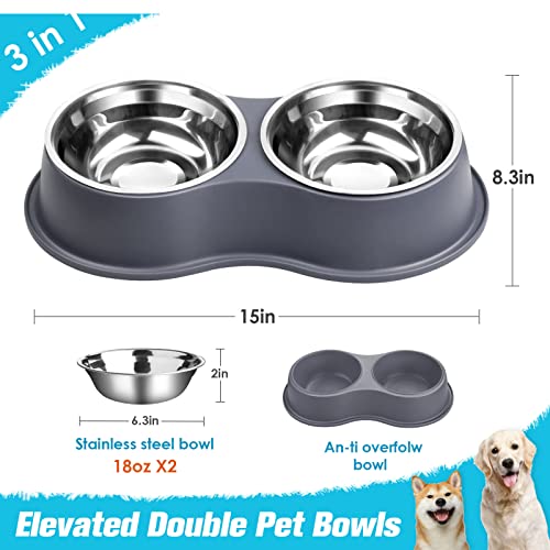 Epetslove Stainless Steel Dog Bowls Double Non-Slip Dog Water and Food Bowl | Pet Feeder Bowls, Dog Dishes, Raised Feeding Design, Double Bowls Set, For Puppies, Medium Dogs and Cats, Outdoor / Indoor - color: 4.Grey, size: Medium-18oz