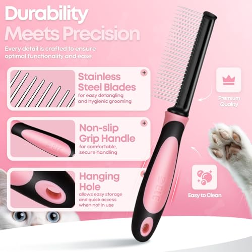 Flexzion Metal Pet Comb for Cats & Dogs - Sturdy Stainless Steel Rounded Teeth with Non-Slip Soft Grip Handle Easy to Use Grooming Detangling Cat Combs for Indoor Cats, Pink - color: Chrome,Pink