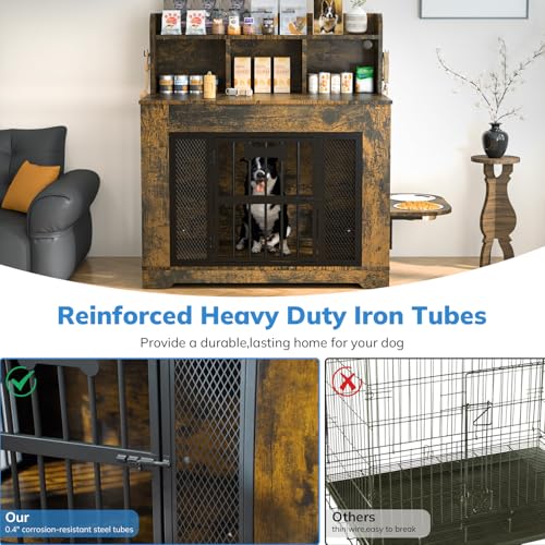 Petrova 33" Dog Crate Furniture with Storage Shelf & 2 Stainless Steel Bowls, Heavy Duty Indoor Dog Kennel for Medium/Small Dogs, Wooden Dog Cage with 4 Hooks, LED Light, Walnut Brown - color: Brown, size: 33.9"L x 21.9"W x 37.2"H