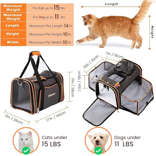 Pet Carrier Airline Approved, 17x11x11 TSA Travel Carrier | 5-Side Expandable Entry, Lightweight Alloy Frame, Collapsible Storage, Washable Wool Mat, Comfortable Bag for Cats & Dogs