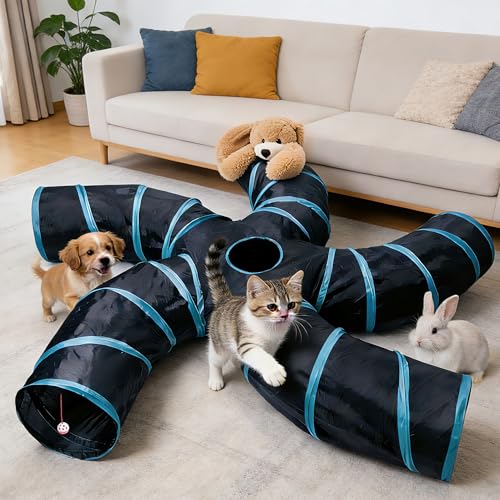 Cat Tunnel for Indoor Cats Large, with Bell Ball S-Shape | 5 Way Collapsible Interactive Peek Hole Pet Tube Toys, Puppy, Kitty, Kitten, Rabbit (Blue & Black) - color: Blue & Black