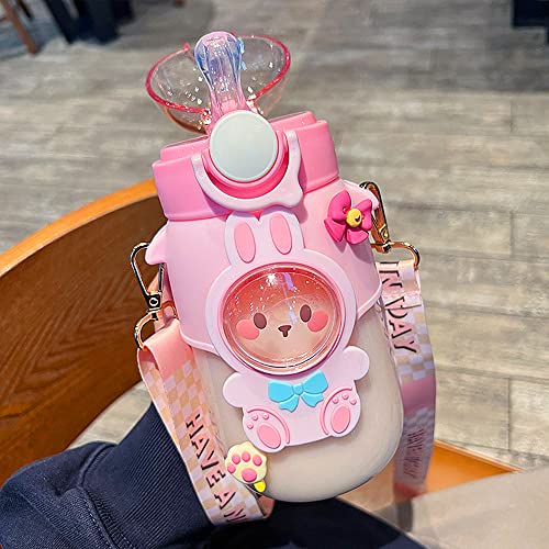 Kawaii Water Bottle Cute Water Bottles with Straw, Kawaii Bear Water Bottle with Adjustable Strap and Stickers - for School Outdoor Travel, BPA-Free, 24oz (Pink Rabbit) - color: Pink Rabbit