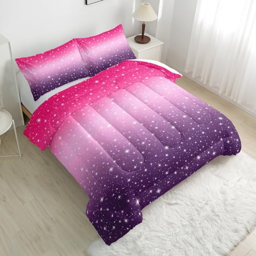 Nttopship Pink Purple Glitter Comforter Set Twin Size 3 Pieces Bed in A Bag for Teen Girls,Pink Violet Gradient Bedding Set,Rainbow Colorful Tie Dye Bedroom with 1 Comforter and 2 Pillowcases - color: 3d Colorful, size: Twin