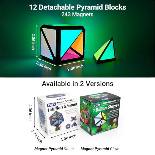 TOSY Magnet Pyramid - 1 Fidget Cube Transforms into 1 Billion Shapes, 243 Rare Earth Magnets, Glowing, Holographic Design, Spinner Accessory, Gift for Christmas Birthday (Set of 1 Stone 1 Glow) - color: Mixed Set (1 Stone 1 Glow)