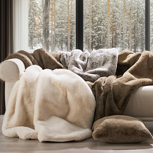 EVERGRACEHOME Faux Chinchilla Fur Throw Blanket, 50"x60", Champagne Fawn | Luxury, Super Soft, 1220GSM, Fluffy Cozy Mink, Reversible Velvet Back, Warm Thick Heavy Winter Throw for Couch Bed, Gift - color: Champagne Fawn, size: 50"x60"