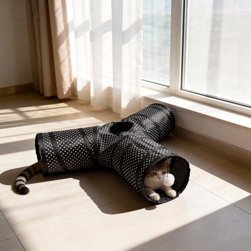Cat Tunnel Collapsible, More Interactive Indoor Play Toy Tube for Cats & Kittens with Hanging Ball and Peekaboo Holes(Y) - size: Y
